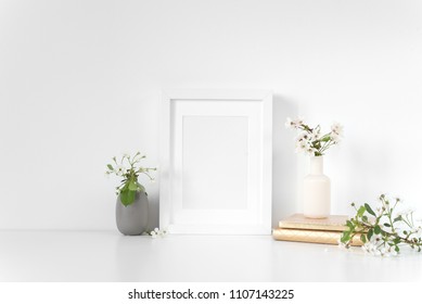 White Frame Mockup With Spring Cherry Bouquet. Mock Up For Your Photo, Design Or Text. Background