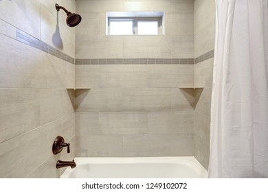 White And Fresh Bathroom Interior With Ivory Subway Tile Shower Surround .