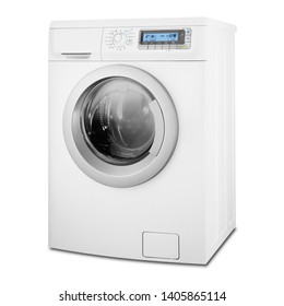 White Front Load Washing Machine Isolated On White Background. Modern Washer With Electronic Control Panel. Side View Of Household And Domestic Major Appliance. Home Innovation