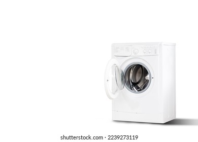 White Front Load Washing Machine Isolated White Background  Modern Washer and Electronic Control Panel  Side View Household   Domestic Major Appliance  Home Innovation 