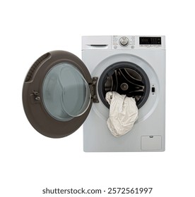 White front loading washing machine with open door with washed bedding inside. Isolated