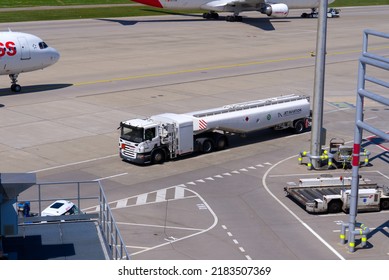 White Fuel Truck Of Jet Aviation Company At Taxiway Of Zürich Airport On A Sunny Summer Day. Photo Taken July 15th, 2022, Zurich, Switzerland.