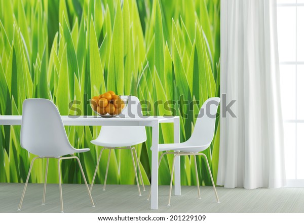 white furniture in the green home kitchen nature wall mural.