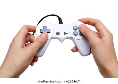 White Game Controller In Hand Isolated On White Background