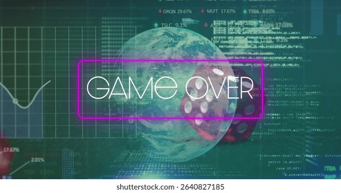 White GAME OVER text floating in futuristic virtual interface, with globe and dice sphere. Futuristic, data, analysis, interface, digital, visualization, high-tech