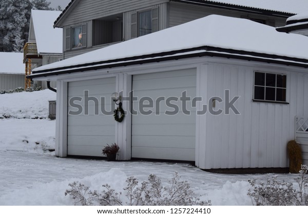 White Garage Building Two Doors Christmas Stock Photo Edit