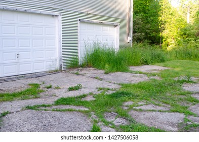 White Garage Door With Overgrown Neglected Grass In Cracked Concrete Carport Driveway.  Home Improvement.