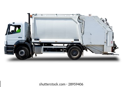 White Garbage Truck Isolated With A Driver