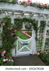 White Garden Gate Under A Rose Roof Arbor/trellis, Entrance To Garden. 