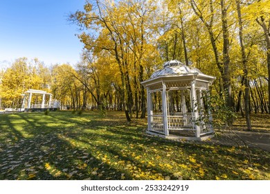 A white gazebo sits in a park with trees in the background. The gazebo is surrounded by a lot of leaves, which gives the scene a peaceful and serene atmosphere - Powered by Shutterstock