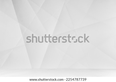 White geometric abstract scene with single crossed lines and corners with soft light gradient, in minimal modern simple style with white wood table as surface for presentation.