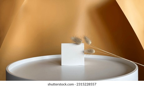 White geometric shape on a white round podium with dry flowers. Beige background with shadow. Layout of a stand for product presentation. Minimal concept. Show product. banner Studio photo.Front view. - Shutterstock ID 2315228557
