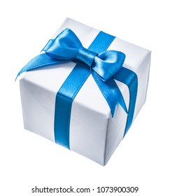 White Gif Box With Blue Ribbon Isolated On White