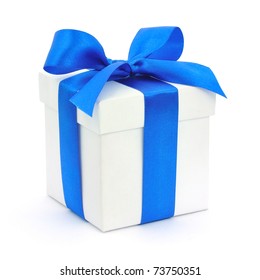 White Gift Box With A Blue Bow On White Background