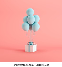 White gift box with blue ribbon and balloon on pink background. minimal christmas newyear concept.