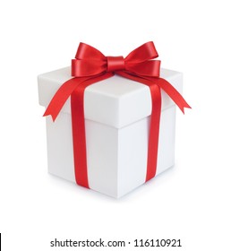 White Gift Box With Red Ribbon Bow, Isolated On White