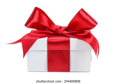 White Gift Box With Red Ribbon And Bow Isolated.