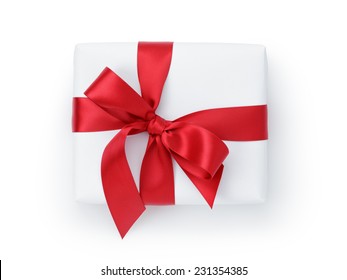 White Gift Box With Ribbon Bow From Above, White Background