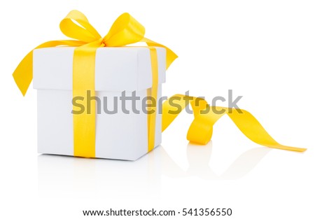 White gift box tied yellow ribbon bow Isolated on white background