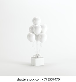 White Giftbox With White Ballon On White Background. Minimal Christmas Newyear Concept.