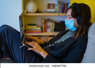 A White Girl Is Working From Home During Coronavirus Or Covid-19 Quarantine, Coronavirus Covid 19 Infected Patient In Coronavirus Covid 19 Quarantine Room Using Computer