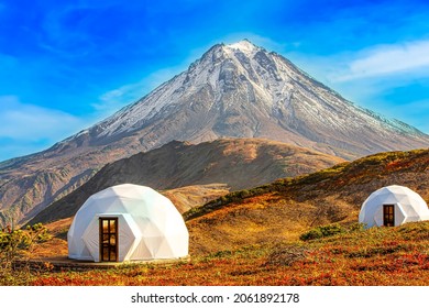 White glamping on the slope of a volcano in autumn on the Kamchatka Peninsula. Selective focus