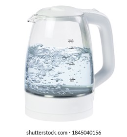 White Glass Electric Kettle With Boiling Water Isolated On White Background