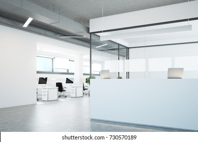 White And Glass Reception Counter Standing In An Open Office Environment With White Walls, A Concrete Floor And Rows Of Computer Tables. Side View. 3d Rendering Mock Up