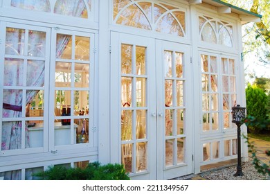 White Glazed Gazebo For Holidays And Lunches In The Garden Or Park. Construction Of A Beautiful Wooden Gazebo.