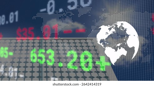 White globe icon floating over financial dashboard, showing green tickers and world map, copy space. Finance, technology, data, analytics, futuristic, digital, investment
