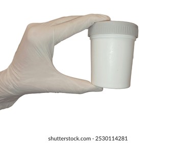 White gloves holding Stool Sample Container it helps to collect Stool Sample to diagnose ,H Pylori stool test and fecal analysis ( Ova, Cyst and Bactria)  