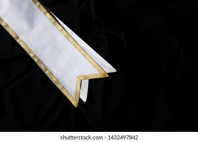 White Gold Winner Sash For Miss Pageant Beauty Contest, Empty Area For Text Winner Country Word, Studio Lighting Abstract Dark Drapping Textile Background, Importance Decoration On Shoulder To Waist