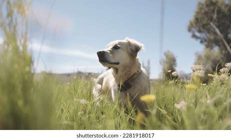 White golden retriever dog playing in a tall meadow. - Powered by Shutterstock