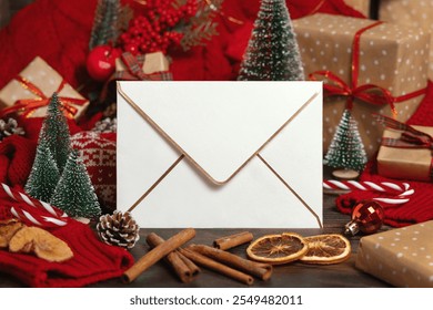 White golden trimmed envelope near Christmas decor, trees and red knitted sweater on wooden table closeup, place for text. Winter atmospheric mock up, family holiday time
 - Powered by Shutterstock