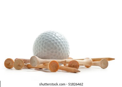 White Golf Ball With Many Wooden Tee Around It.