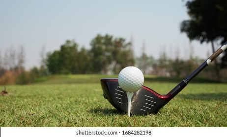 White Golf Ball On White Long Tee In Front Of Driver