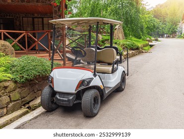 A white golf cart is parked on the street. - Powered by Shutterstock