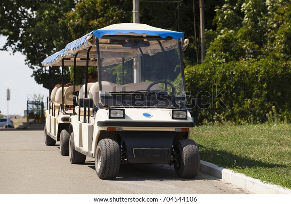 White golf carts\
using as car for\
excursion