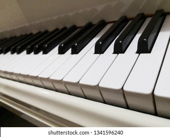 White Grand Piano. No Brand Shown As Copyright Issue. The Focus On The Front Tuts. 