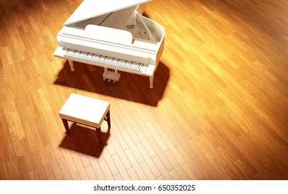 White Grand Piano on the stage of concert hall