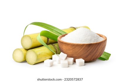 White granulated sugar and cubes with sugar cane stalks and leaves isolated on white background. - Powered by Shutterstock