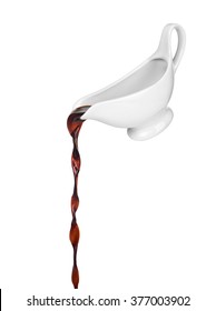 White Gravy Boat Pours Brown Sauce On An Isolated White Background