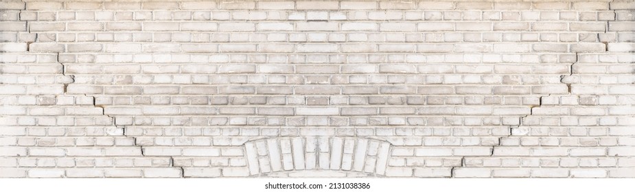 White gray light damaged rustic brick wall brickwork stonework masonry texture background banner panorama pattern template architecture, with cracks