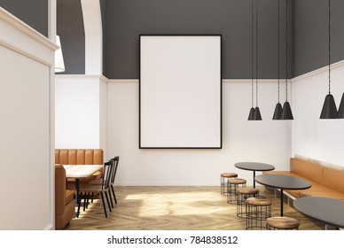 White and gray restaurant interior with brown sofas standing near rectangular and round wooden tables, and a vertical poster. 3d rendering mock up