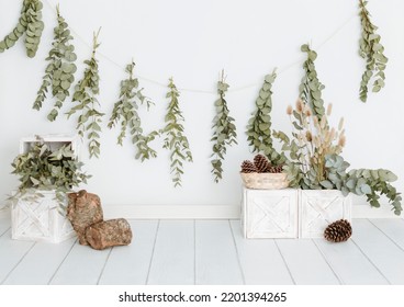 White And Green Decoration For A 1st Birthday . Studio Photo Session With Plants, Wood,boho Decoration  High Quality Photo