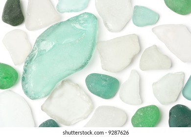 White And Green Glass Sea Wasted Stones Isolated On White.