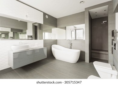 White And Grey Exclusive Big Washroom With Fancy Bath