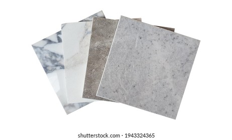 white and grey tile samples collection isolated on white background with clipping path. luxury marble and stone ceramic tile use as interior material for flooring ,counter top ,back splash works.