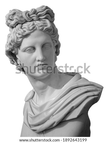 White gypsum copy of ancient statue of Apollo God of Sun head isolated on a white background. Plaster sculpture of man face. Renaissance portrait