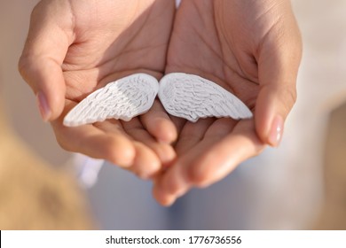 White gypsum wings in the hands of a girl. Gently holds the concept of psychology in her hands. Hope, psychology, tenderness, care, help.